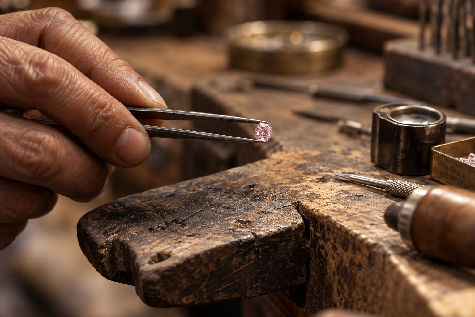 Editorial illustration of a diamond examined at a traditional jeweller’s bench