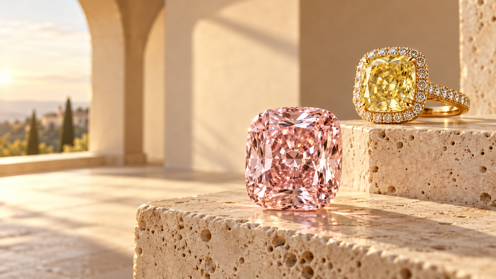 Editorial illustration of a pink cushion diamond and yellow diamond ring on Italian-inspired travertine
